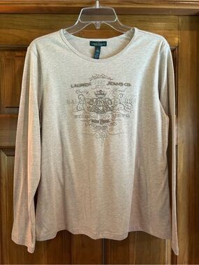 Lauren Jeans Company Oatmeal Long Sleeve Graphic Tee with Beaded Accents